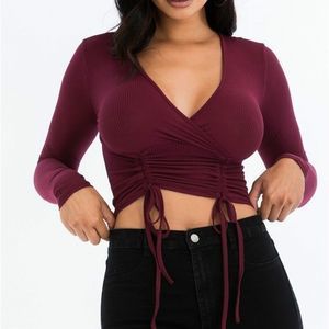 Womens Long Sleeved Double String Shirred Crop Top